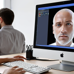 ** A professional human translator working at a desk, side-by-side with a computer screen displaying machine translation output. Focus on the collaboration and human expertise refining the machine's work.

**
