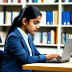 A focused young adult, of Indian descent, dressed in modest, professional attire. They are sitting at a clean desk, looking intently at a laptop screen that displays information about government skill development schemes and scholarships for language professionals. The environment is a brightly lit, modern training center or a quiet section of a public library, with blurred bookshelves in the background. Subtle hints of official government logos or brochures are visible on the screen or desk. Professional photography, high resolution, detailed, crisp focus, perfect anatomy, correct proportions, natural pose, well-formed hands, proper finger count, natural body proportions, safe for work, appropriate content, fully clothed, professional, modest, family-friendly.