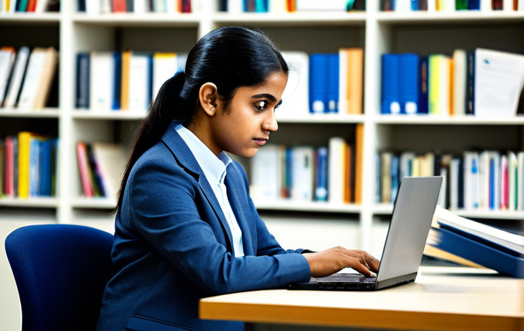 A focused young adult, of Indian descent, dressed in modest, professional attire. They are sitting at a clean desk, looking intently at a laptop screen that displays information about government skill development schemes and scholarships for language professionals. The environment is a brightly lit, modern training center or a quiet section of a public library, with blurred bookshelves in the background. Subtle hints of official government logos or brochures are visible on the screen or desk. Professional photography, high resolution, detailed, crisp focus, perfect anatomy, correct proportions, natural pose, well-formed hands, proper finger count, natural body proportions, safe for work, appropriate content, fully clothed, professional, modest, family-friendly.