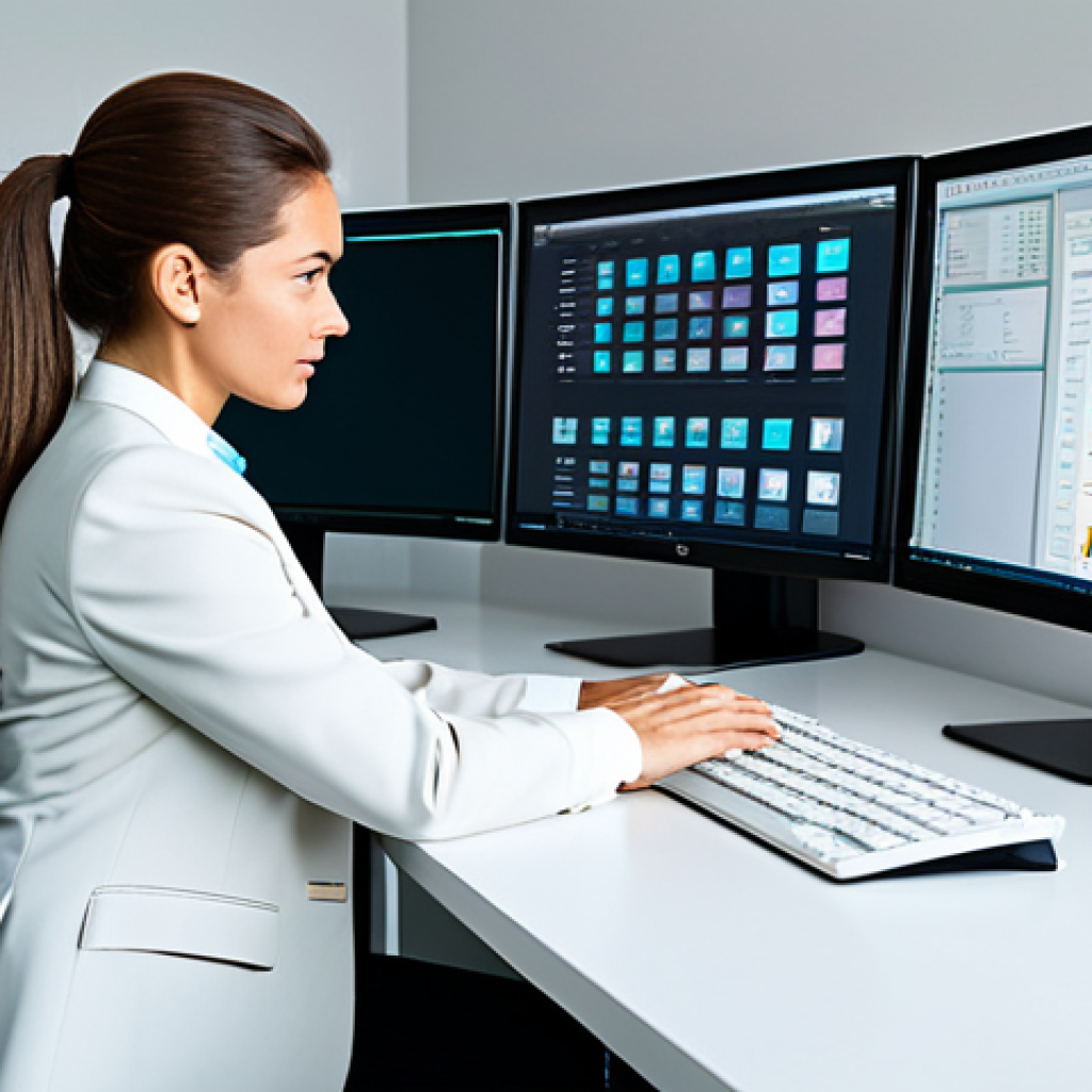 A professional female language expert in a modest business suit, sitting focused at a modern, clean desk with multiple monitors displaying complex linguistic software interfaces. The office environment is contemporary, well-lit, and organized, conveying efficiency and expertise. Her pose is natural, with well-formed hands resting near a keyboard, suggesting active engagement. The image is a high-resolution professional photograph with natural lighting and sharp focus, showcasing correct proportions and perfect anatomy. This image is safe for work, appropriate content, fully clothed, professional, and family-friendly.