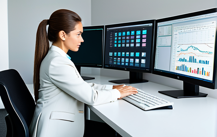 A professional female language expert in a modest business suit, sitting focused at a modern, clean desk with multiple monitors displaying complex linguistic software interfaces. The office environment is contemporary, well-lit, and organized, conveying efficiency and expertise. Her pose is natural, with well-formed hands resting near a keyboard, suggesting active engagement. The image is a high-resolution professional photograph with natural lighting and sharp focus, showcasing correct proportions and perfect anatomy. This image is safe for work, appropriate content, fully clothed, professional, and family-friendly.