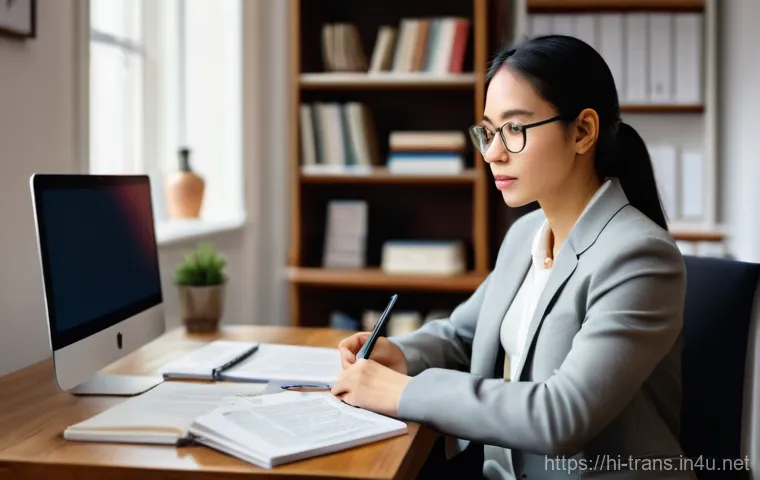 번역사 전문 용어 학습법 - **Prompt 1: The Diligent Technical Translator**
A highly detailed, realistic image of a female p...