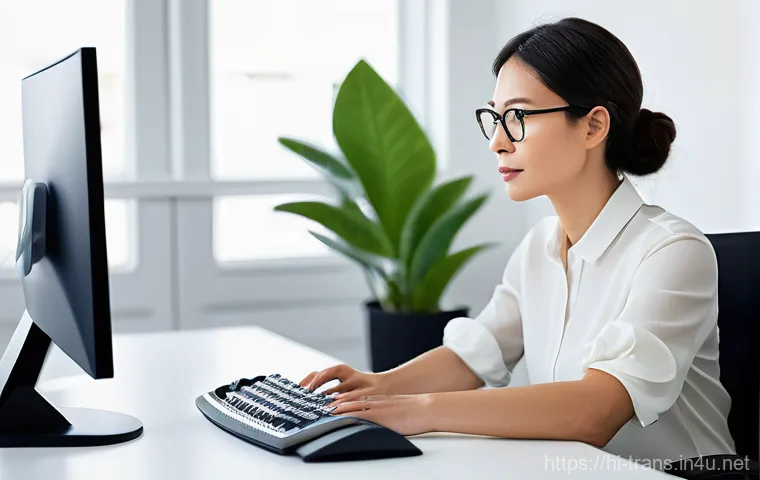 번역사 필수 소프트웨어와 활용법 - **Prompt:** A confident female professional translator, in her mid-30s, is seated at a clean, well-l...