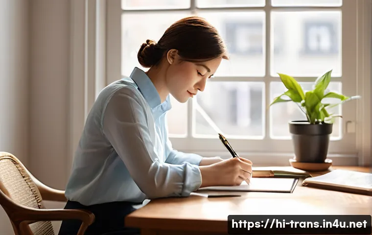 번역사 업무일지 작성 방법 - **Prompt:** A serene, sunlit home office scene. A professional translator, a woman in her late 20s t...