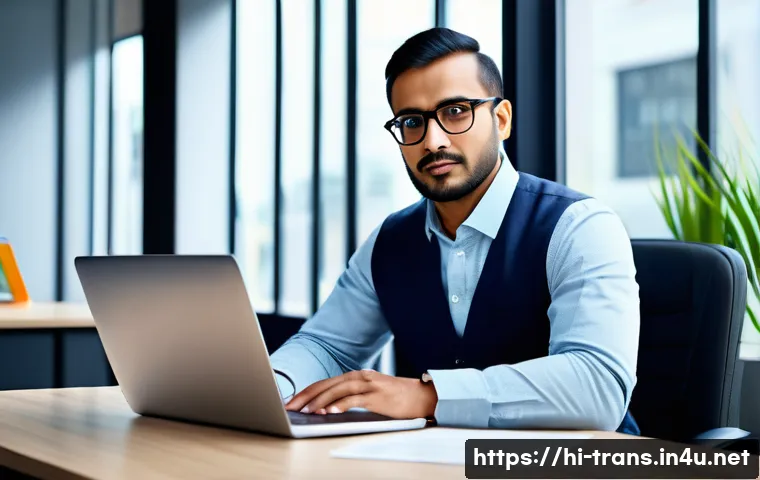 번역사 자격증 추천 - A professional translator in a modern office environment, diligently working on a laptop with transl...