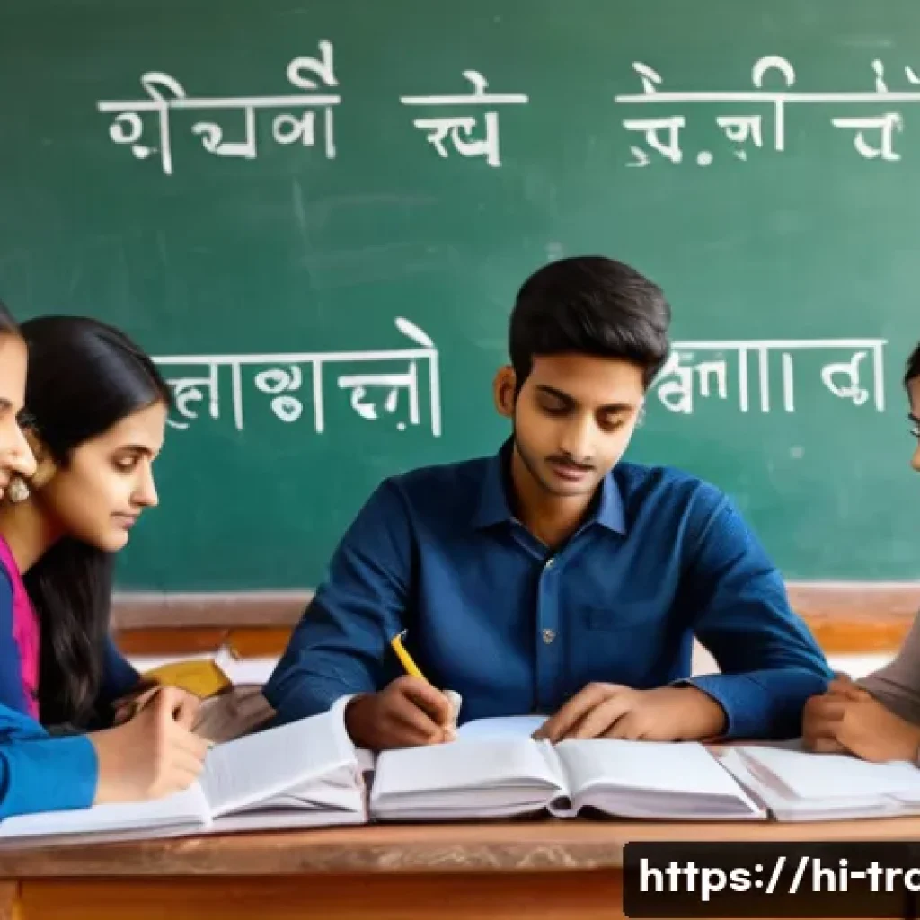 번역사 필기시험 주요 키워드 - A detailed classroom scene focused on Hindi language learning for translation students, featuring a ...