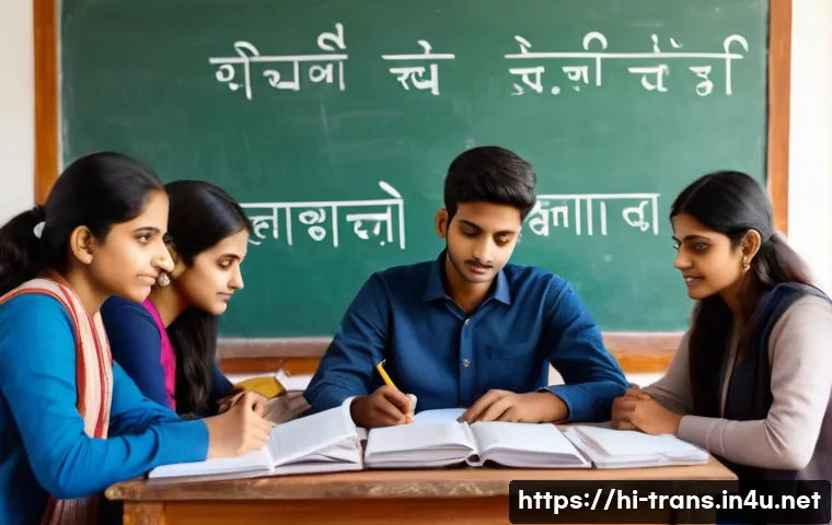 번역사 필기시험 주요 키워드 - A detailed classroom scene focused on Hindi language learning for translation students, featuring a ...