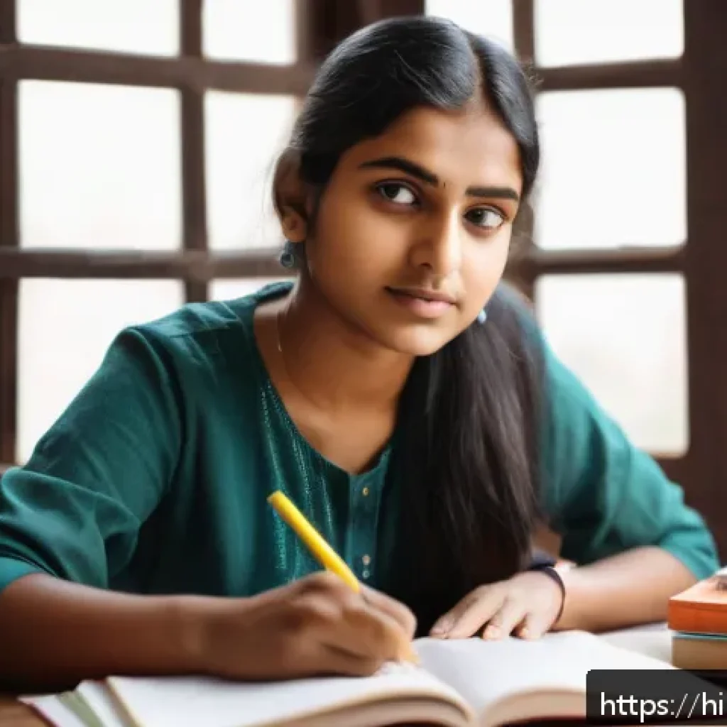 번역사 자격증 시험 후기 분석 - A focused young Indian woman studying at a wooden desk, surrounded by textbooks, notebooks, and a la...