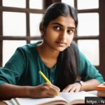 Home 21 번역사 자격증 시험 후기 분석 - A focused young Indian woman studying at a wooden desk, surrounded by textbooks, notebooks, and a la...