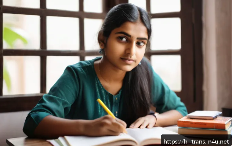 번역사 자격증 시험 후기 분석 - A focused young Indian woman studying at a wooden desk, surrounded by textbooks, notebooks, and a la...