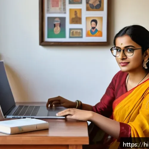 Home 32 번역사 연봉 협상 시 유의점 - A confident Indian female translator sitting at a modern desk with a laptop, analyzing her skills an...