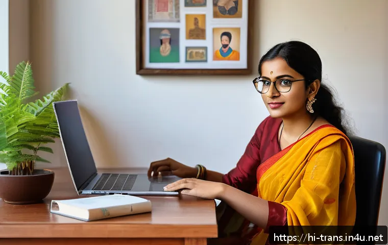 번역사 연봉 협상 시 유의점 - A confident Indian female translator sitting at a modern desk with a laptop, analyzing her skills an...