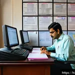 Home 19 번역사 자격증 교재 추천 - A professional Indian translator working at a modern desk, surrounded by bilingual Hindi-English dic...
