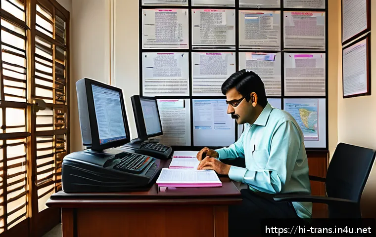 번역사 자격증 교재 추천 - A professional Indian translator working at a modern desk, surrounded by bilingual Hindi-English dic...