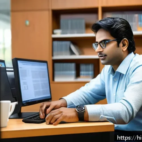 Home 30 번역사 자격증의 전망과 중요성 - A professional Indian translator at work in a modern office setting, surrounded by multiple computer...