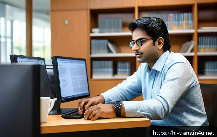 번역사 자격증의 전망과 중요성 - A professional Indian translator at work in a modern office setting, surrounded by multiple computer...