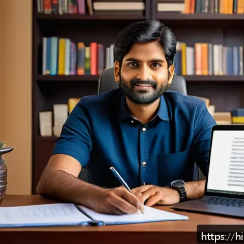 Home 17 번역사 실무에서 필요한 외국어 능력 - A professional Indian translator sitting at a modern desk surrounded by books and digital devices, d...