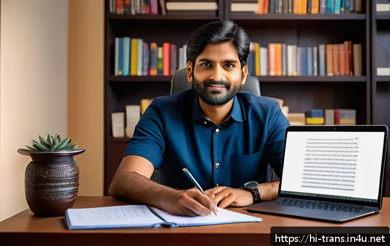 번역사 실무에서 필요한 외국어 능력 - A professional Indian translator sitting at a modern desk surrounded by books and digital devices, d...