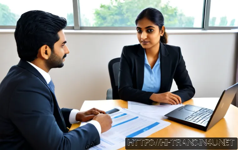 번역사 연봉 협상 사례 - Photorealistic salary negotiation meeting for a professional Hindi translator, confident South Asian...
