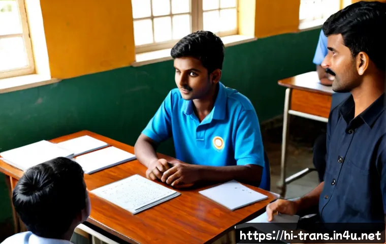 번역사 자격증 학원과 독학 비교 - Photorealistic comparison scene in a modern Indian language-training academy: an adult Hindi-speakin...