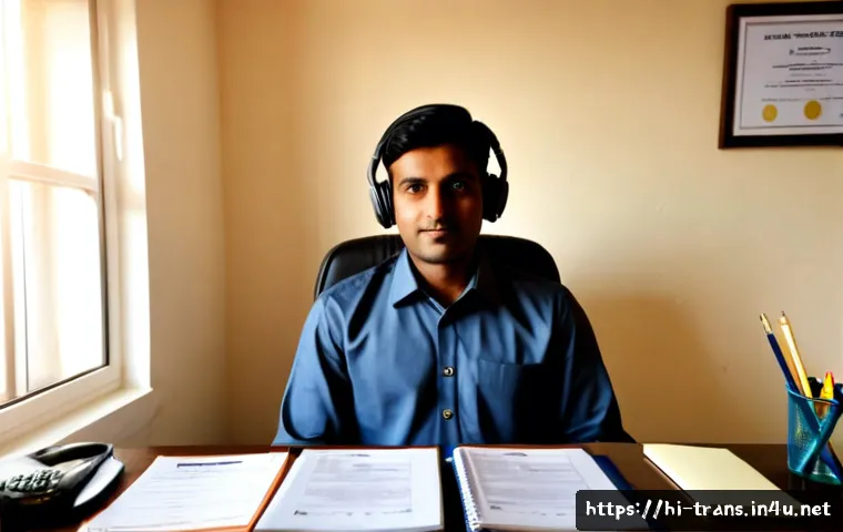 번역사 자격증 취득 후 프리랜서 시작 - Photorealistic home office scene of a confident Indian freelance translator in modest professional c...